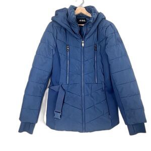 FOG Womens Belted Puffer Coat with Hood Adult Long Sleeve blue size L